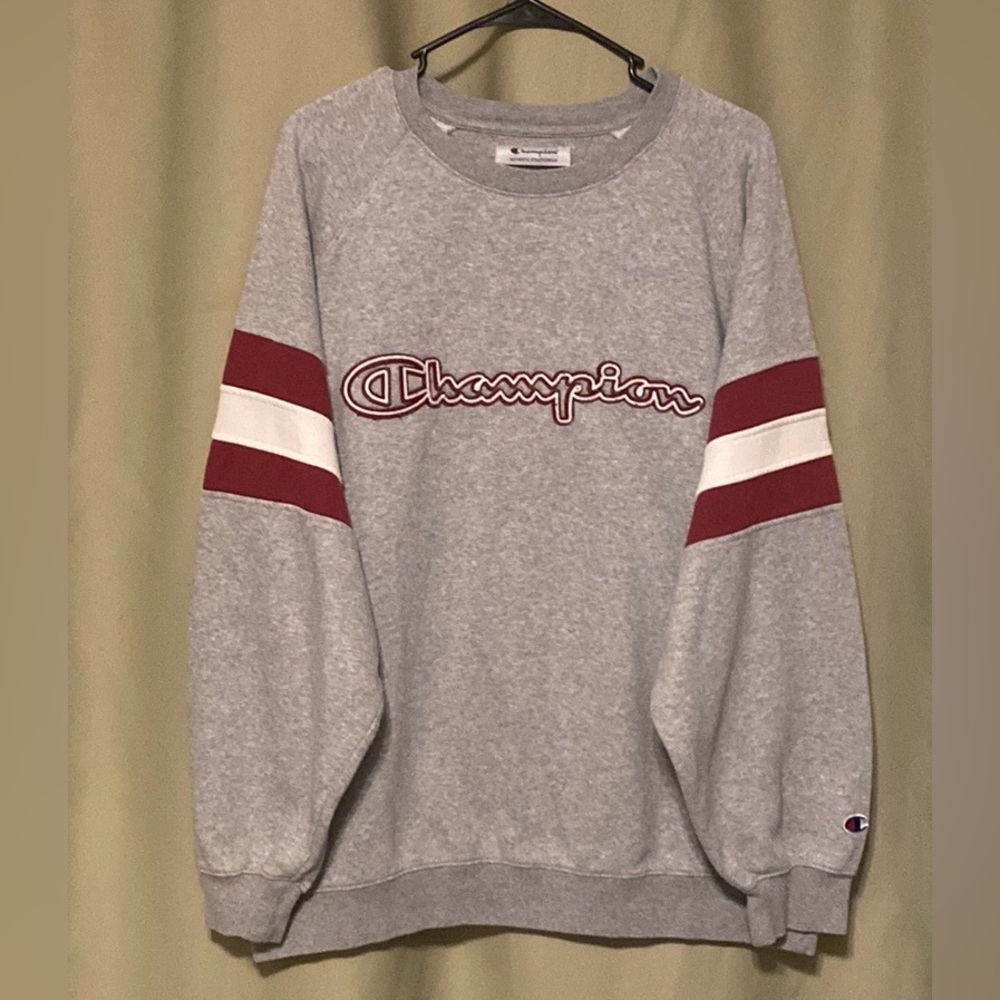 Champion Powerblend@ Colorblock Crew Outline Logo Oxford Grey Cherry Pie Men 1XL
